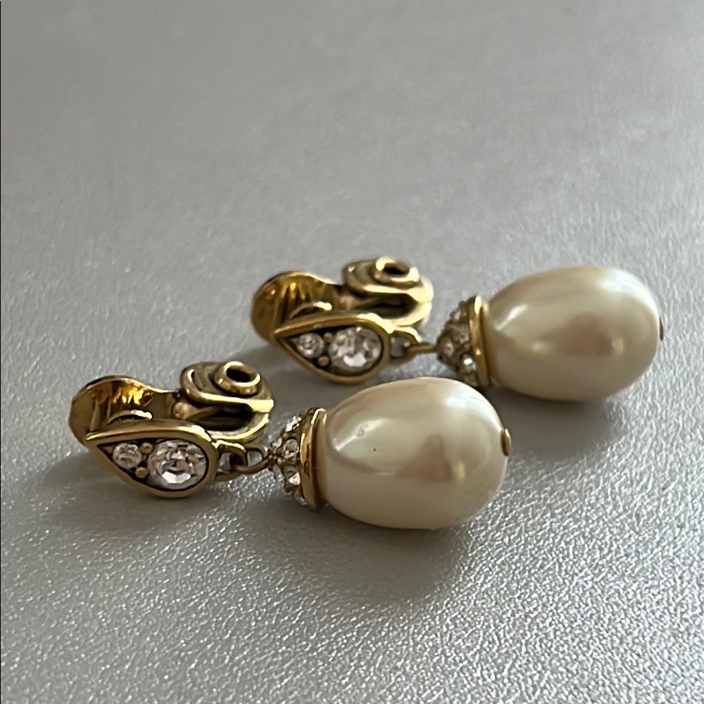 Monet Vintage Style Gold and Cream Clip-On Drop Pearl Earrings
